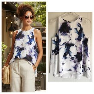 Dalia Abstract Marble Print Top M Artistic Watercolor Blouse Coastal Chic Flowy